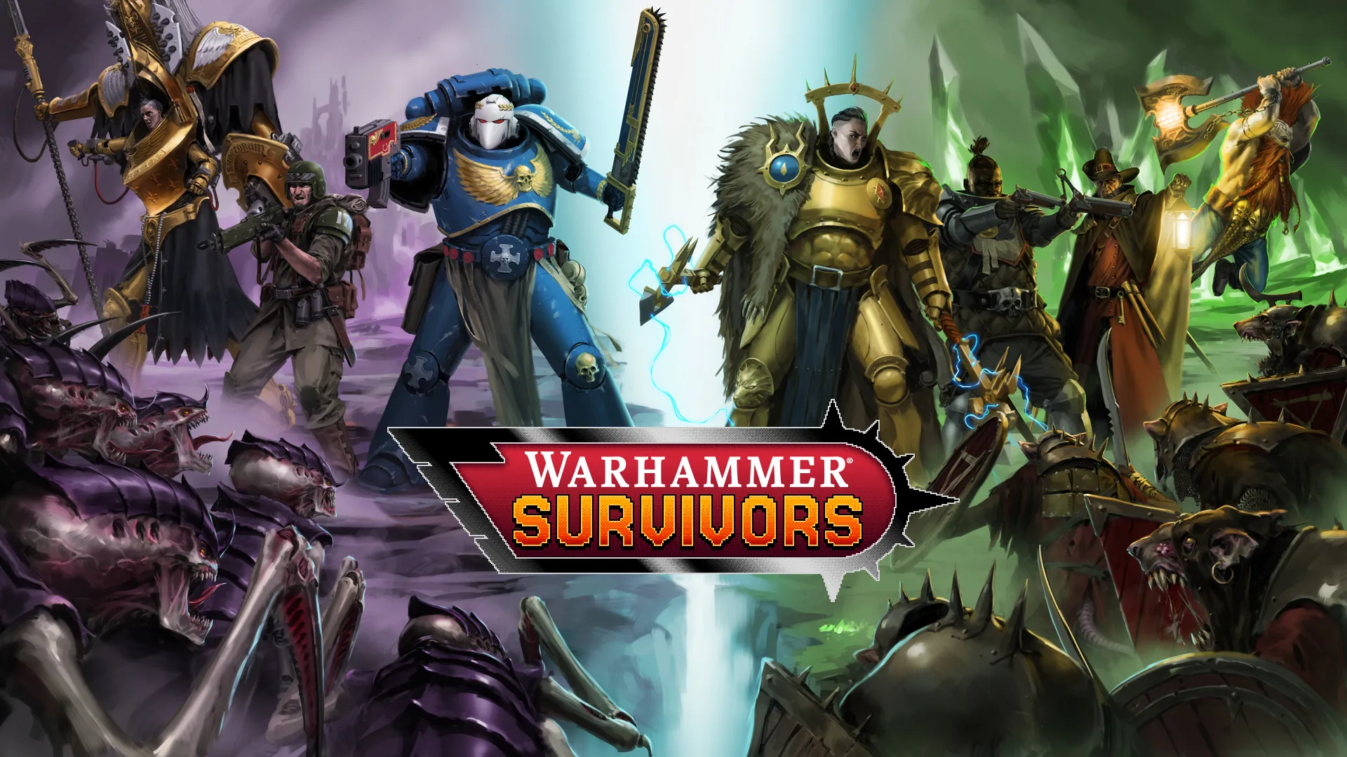 Official Warhammer Survivors Xbox key art showing the game logo over a battlefield packed with Warhammer enemies.