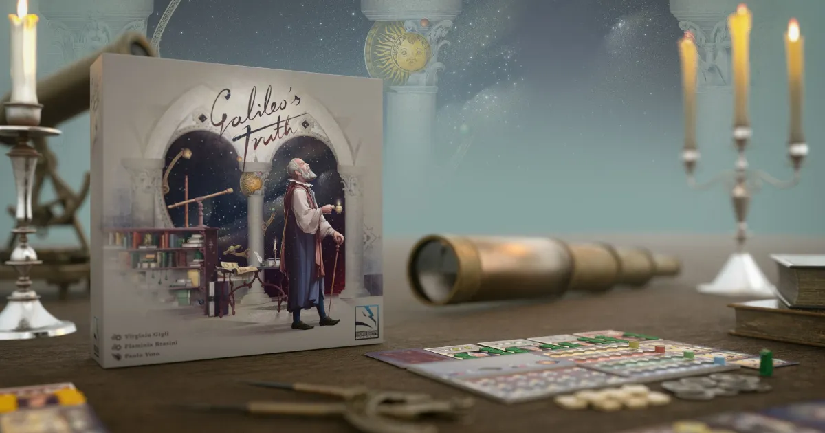 Official Galileo’s Truth campaign image showing the game box, table components, telescope, candles, and starry astronomy backdrop.