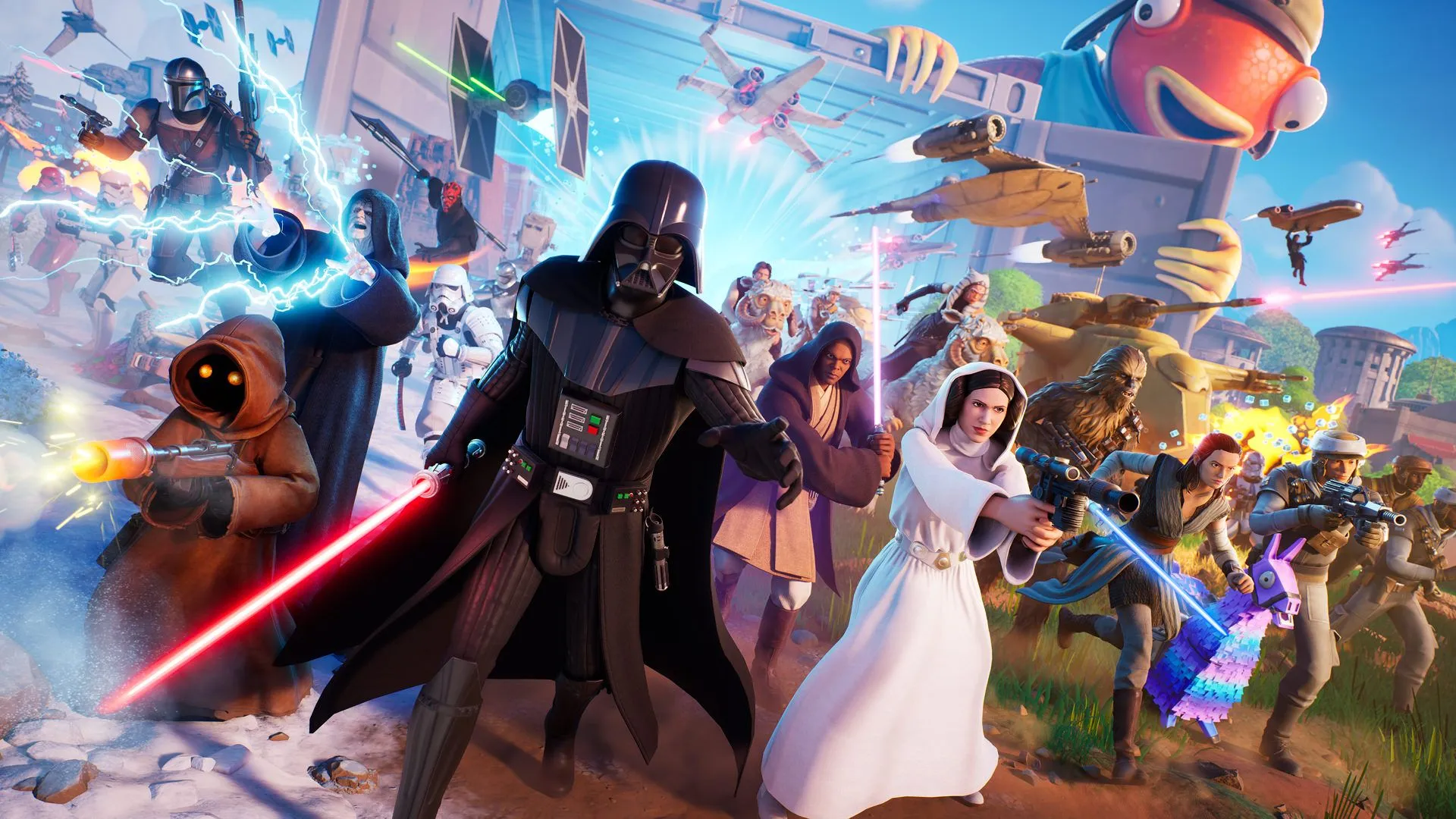 Official Fortnite Star Wars promotional image from Epic showing the crossover island wave tied to the May 1 launch.