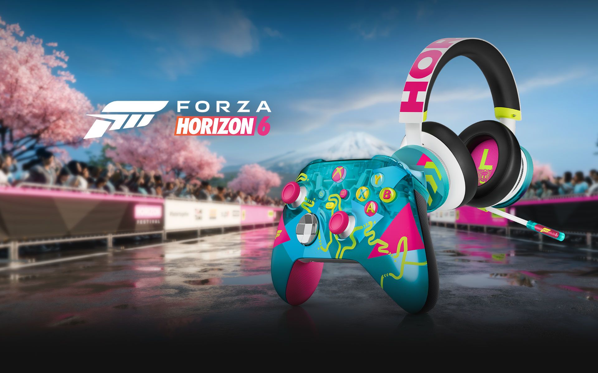 Oficjalna grafika Xboxa pokazująca limitowany kontroler i headset Forza Horizon 6 na tle toru inspirowanego Japonią.