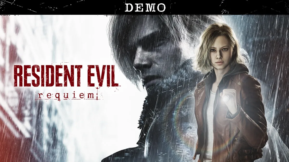 Official Resident Evil Requiem demo key art showing Grace Ashcroft in the foreground and Leon S. Kennedy behind the logo.