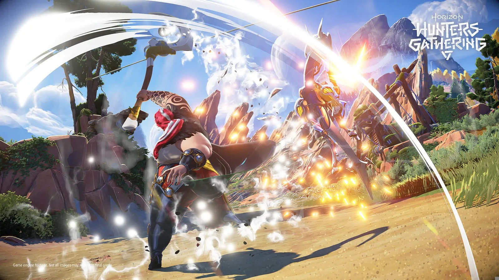 Official Horizon Hunters Gathering image from PlayStation Blog showing several hunters facing large machines in a jungle-heavy combat scene.