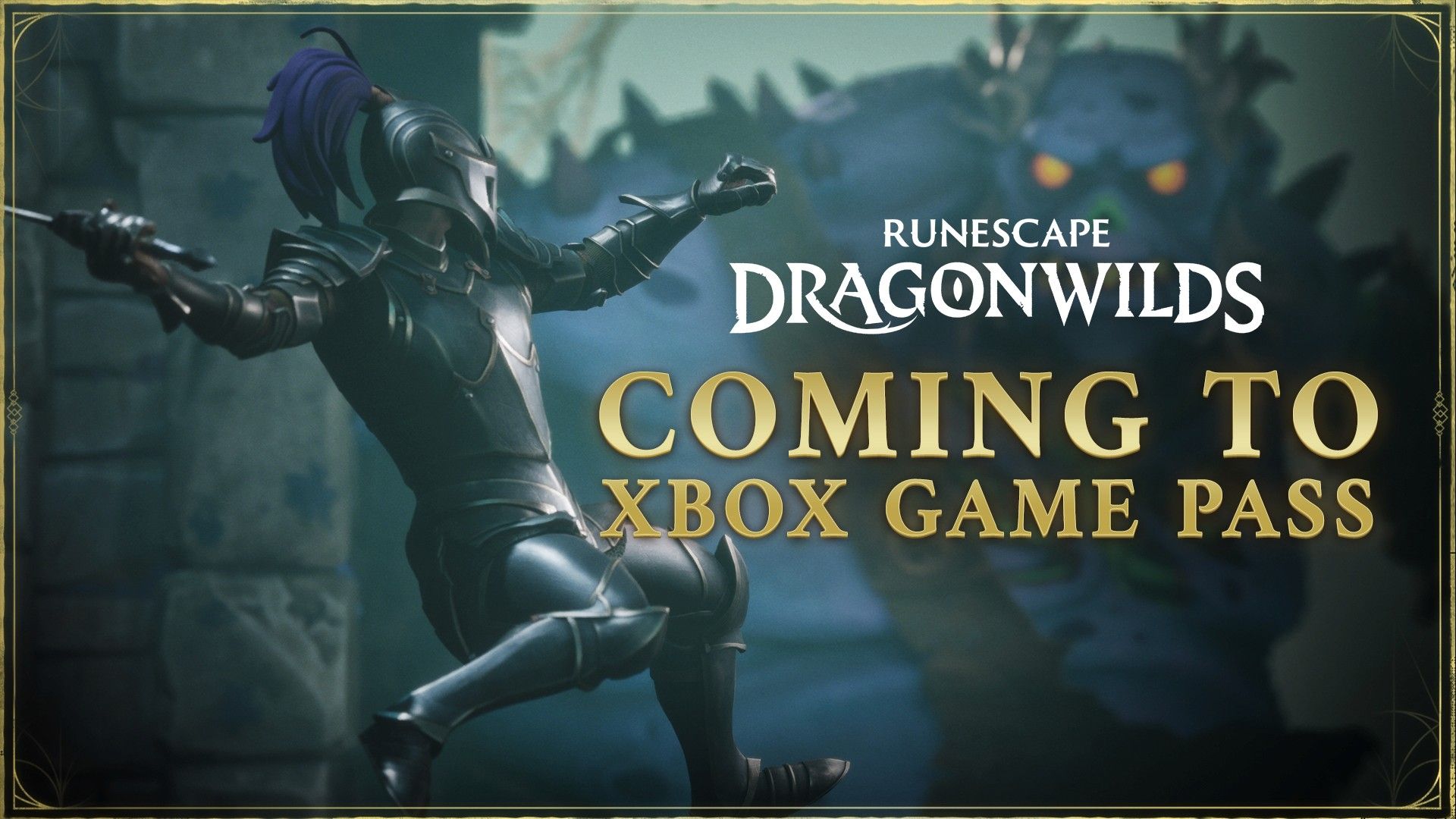 Official RuneScape: Dragonwilds Game Pass announcement artwork showing a dragon above a party of adventurers.