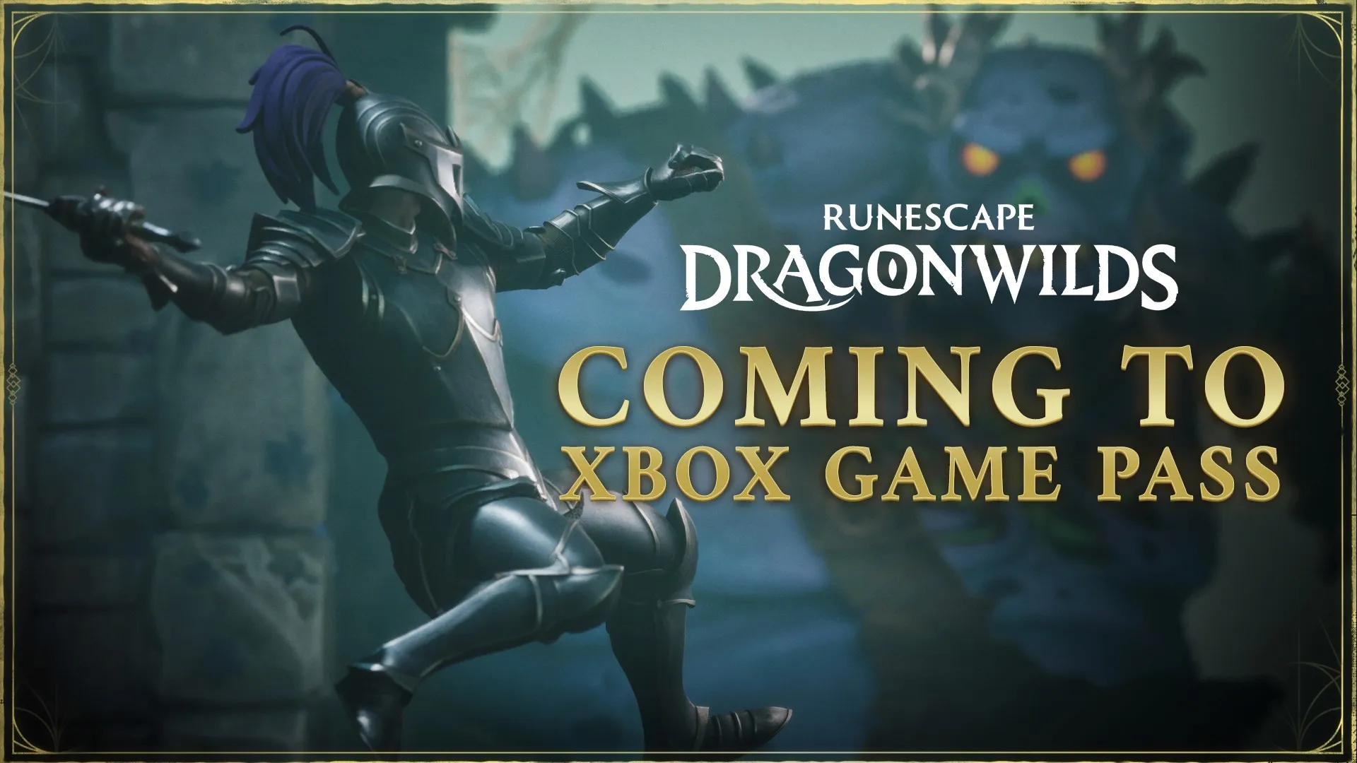 Official RuneScape: Dragonwilds Game Pass announcement artwork showing a dragon above a party of adventurers.