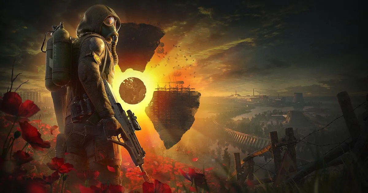 Official STALKER 2 Update 2.0 key art showing soldiers and mutants in the Zone under a stormy sky.