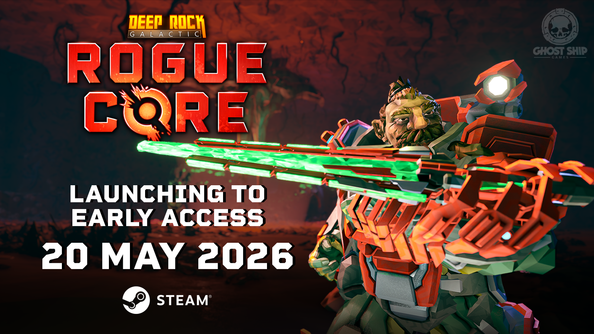 Official Deep Rock Galactic: Rogue Core Early Access key art showing the spin-off's sci-fi dwarven squad advancing through an infested industrial cave.