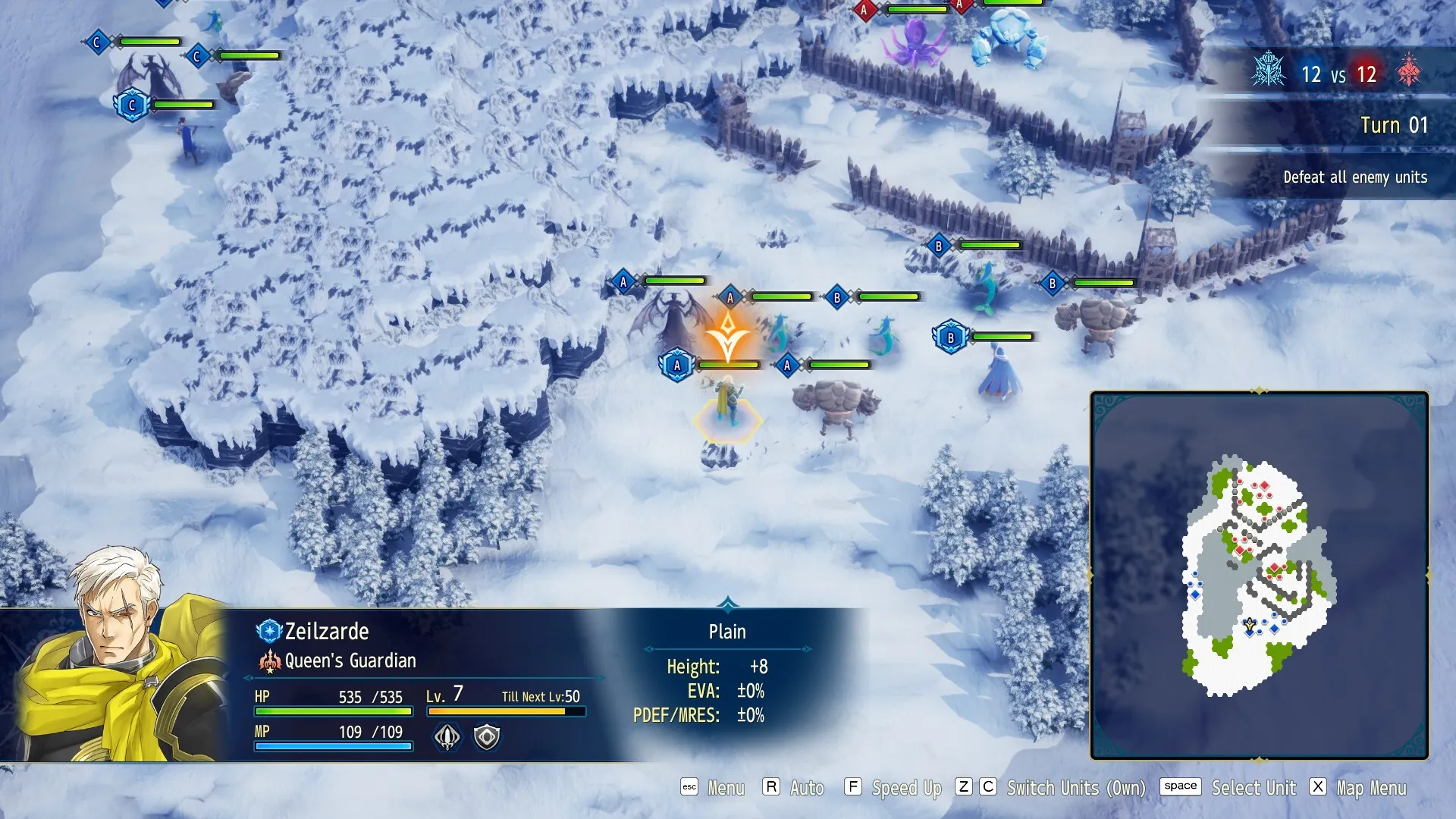 Official Brigandine Abyss screenshot showing a hex-grid battle scene with multiple units, UI panels, and fantasy terrain.