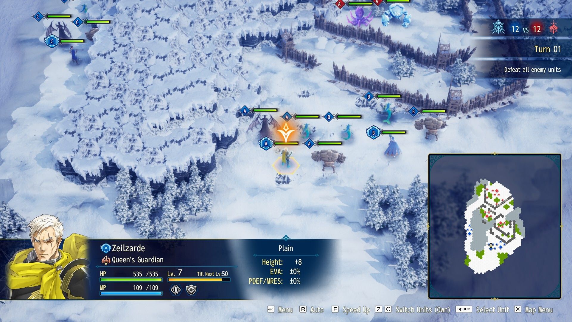 Official Brigandine Abyss screenshot showing a hex-grid battle scene with multiple units, UI panels, and fantasy terrain.