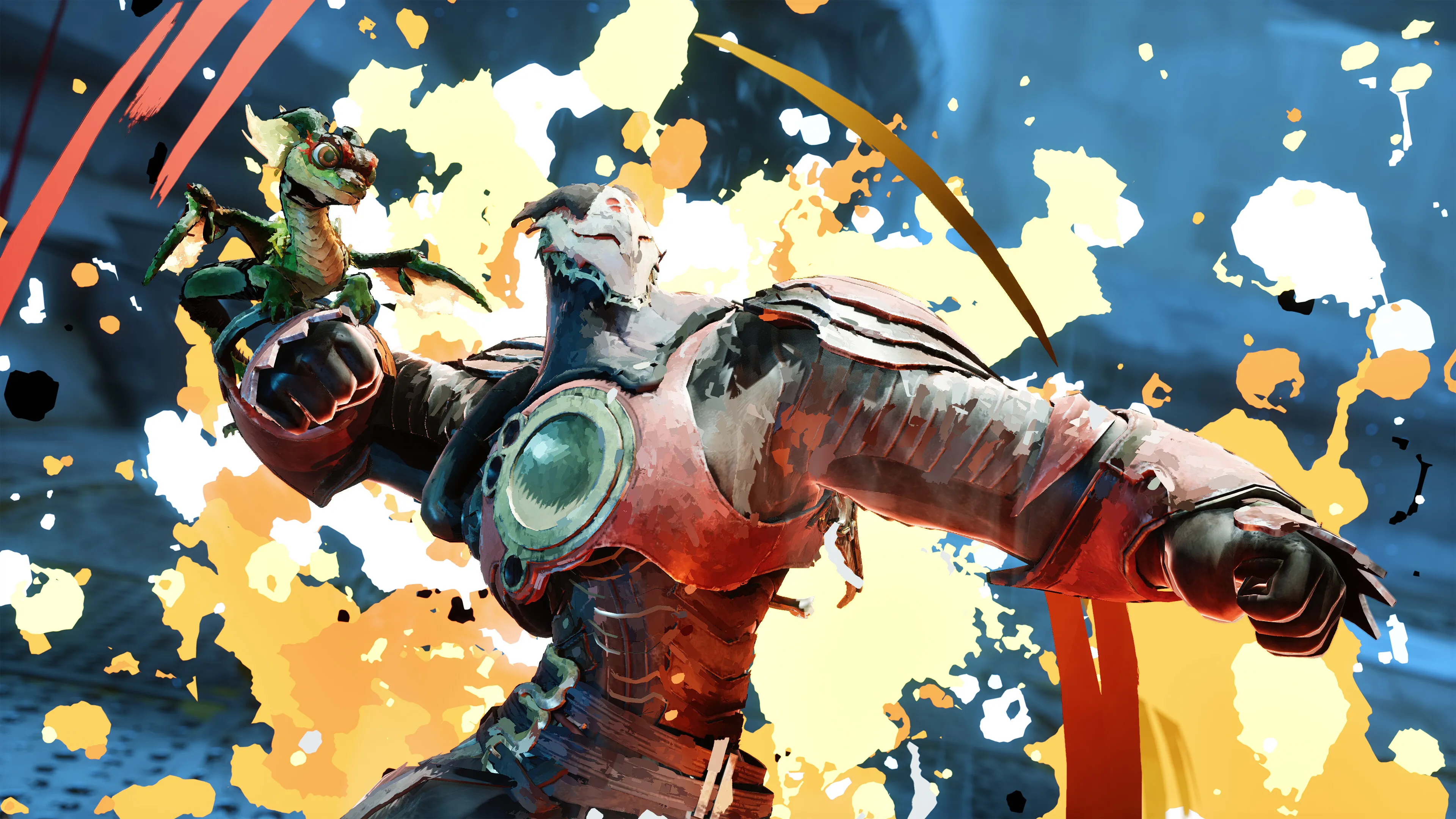 Victus raises a fist with a small dragon on his shoulder against a bright explosion in Elta.