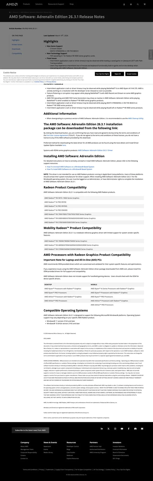 Official AMD Software Adrenalin Edition 26.3.1 release-notes image showing the new game support and FSR 4.1 highlight.