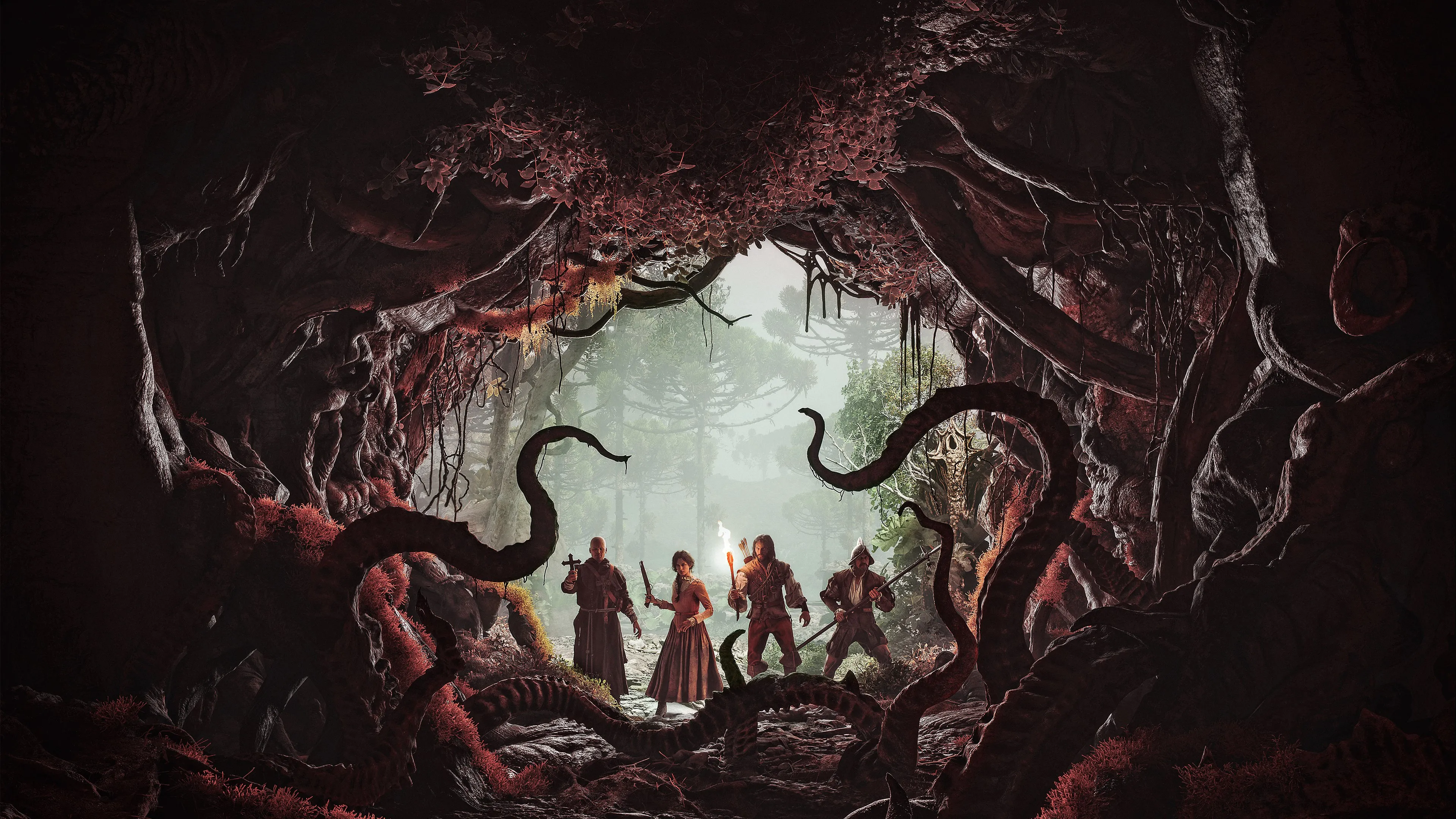 Official The Mound: Omen of Cthulhu artwork showing four explorers standing beneath twisted jungle growth at the mouth of a cavern.