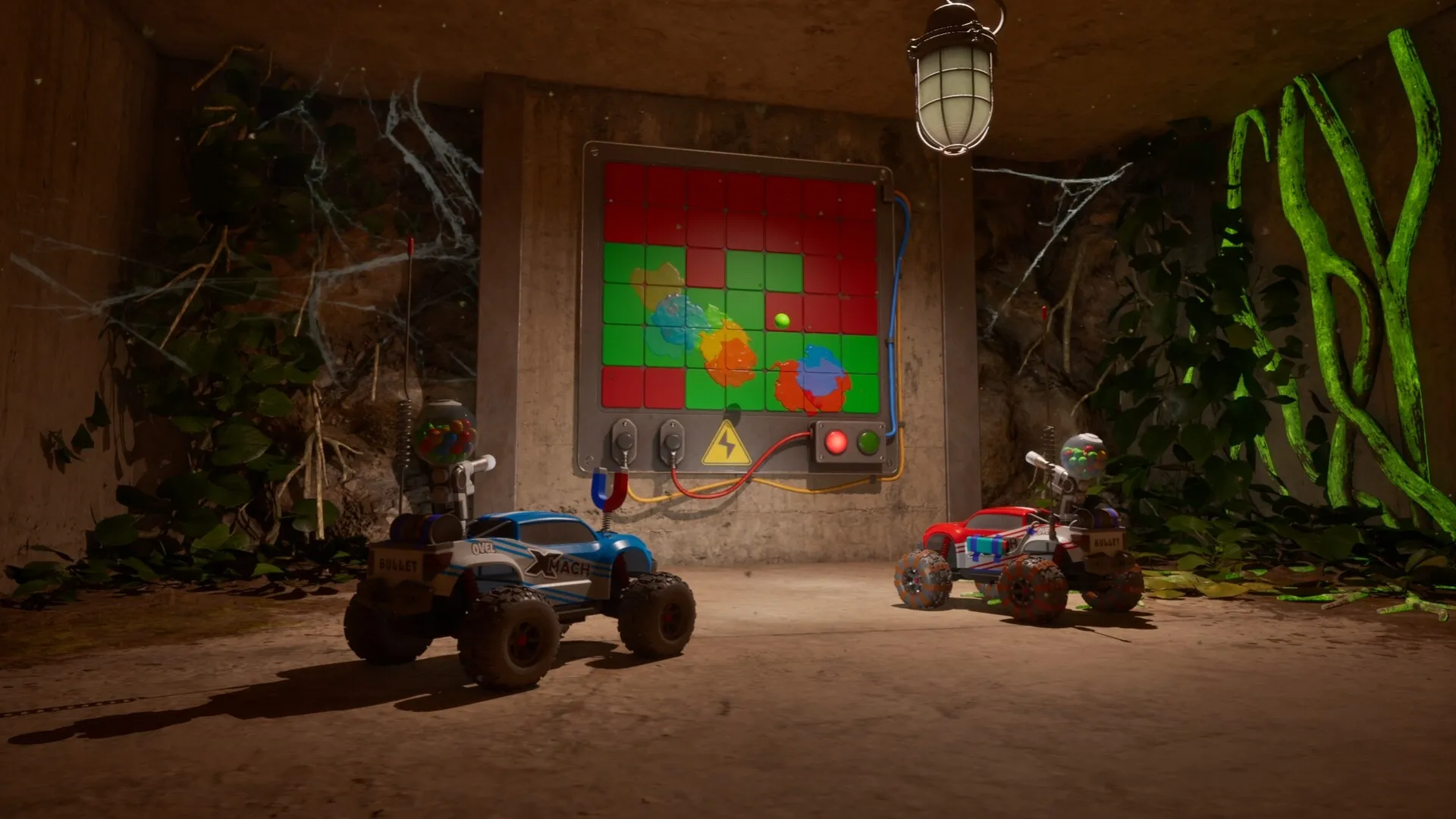 Official WheelMates Steam screenshot showing two RC cars exploring a bright indoor track inside the professor's house.