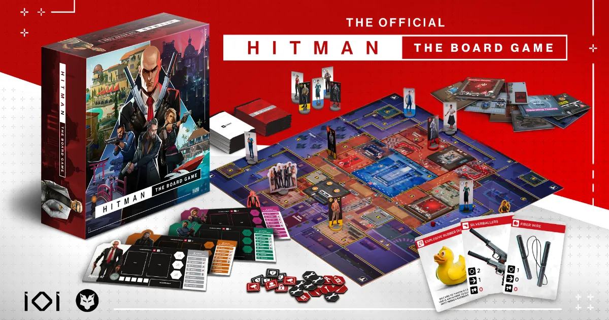 Official Hitman: The Board Game campaign art from Gamefound used for GameGuideDog coverage of the live crowdfunding campaign.