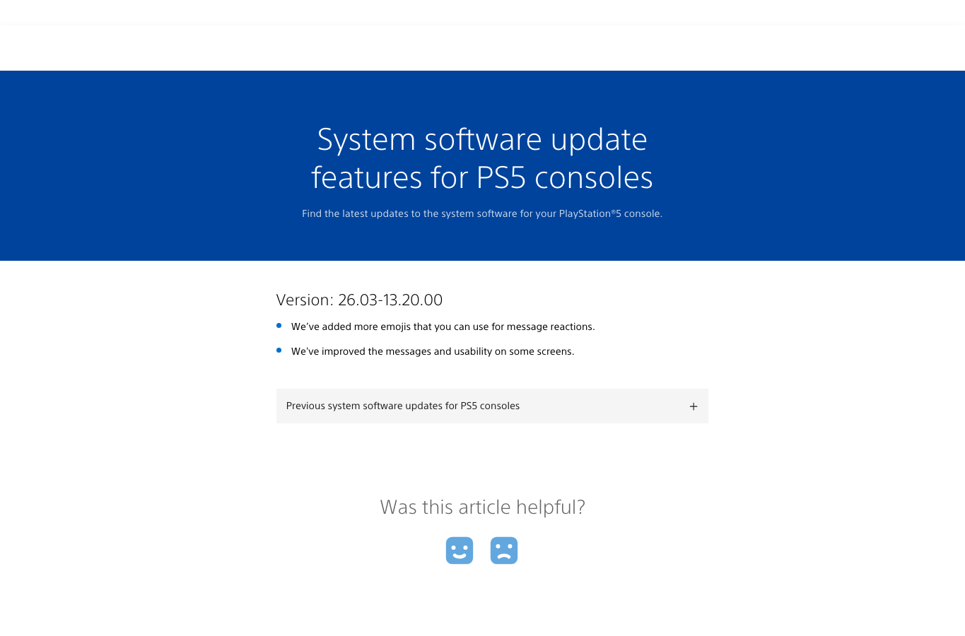 Official PlayStation support page screenshot showing the PS5 system software update page during the digital license-check controversy.