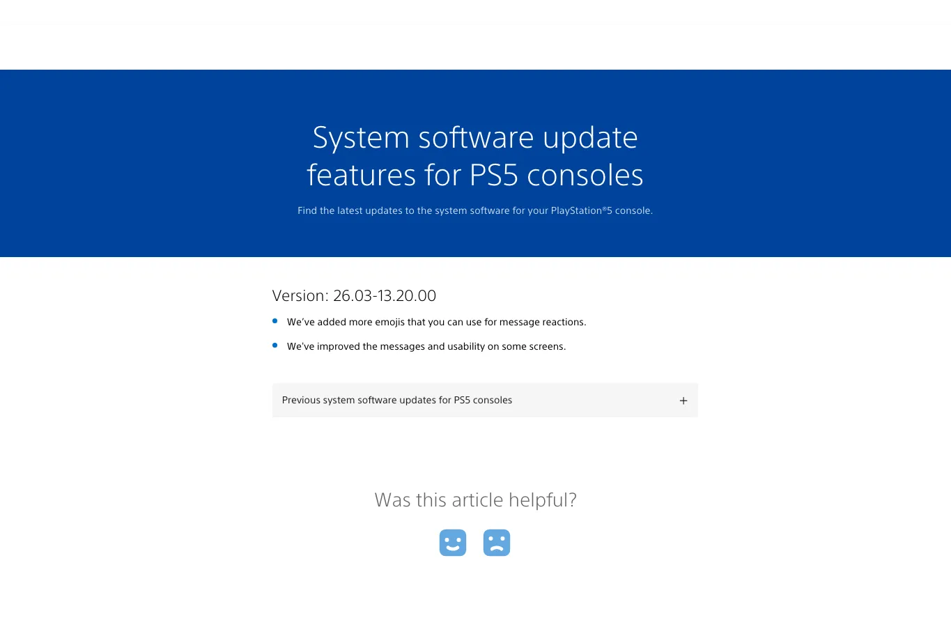 Official PlayStation support page screenshot showing the PS5 system software update page during the digital license-check controversy.