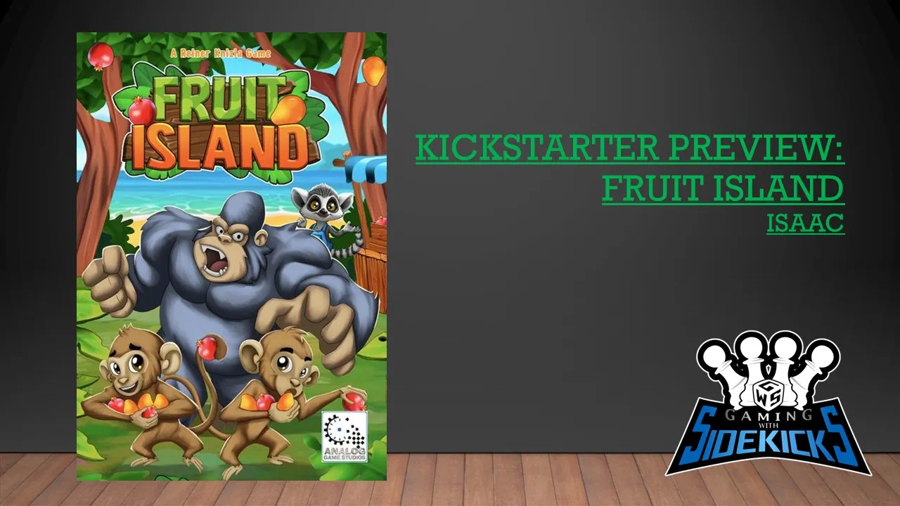 Fruit Island preview image from Gaming With Sidekicks showing the board-game components and island artwork.