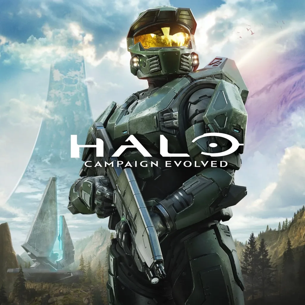 Official Halo: Campaign Evolved key art showing Master Chief in front of Halo ringworld scenery.