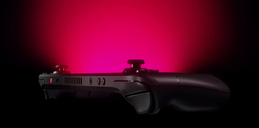 Official Steam Deck OLED promotional image from Valve showing the handheld on a dark blue background.