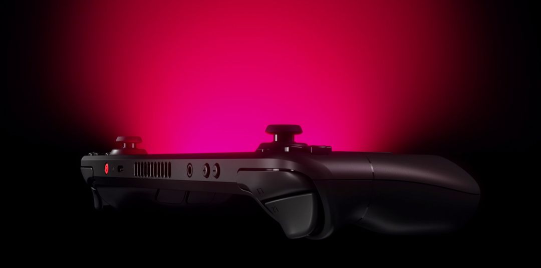 Official Steam Deck OLED promotional image from Valve showing the handheld on a dark blue background.
