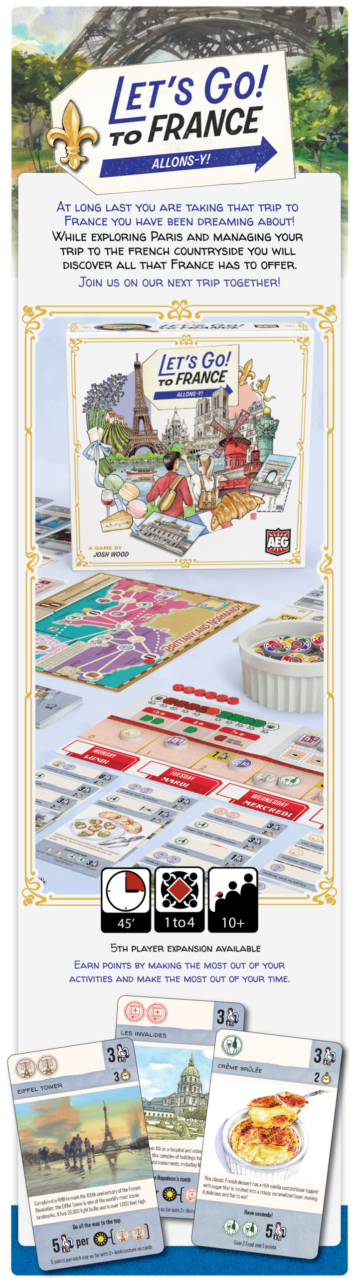 Official Let’s Go! To France campaign art from AEG used in GameGuideDog coverage of the Kickstarter campaign.