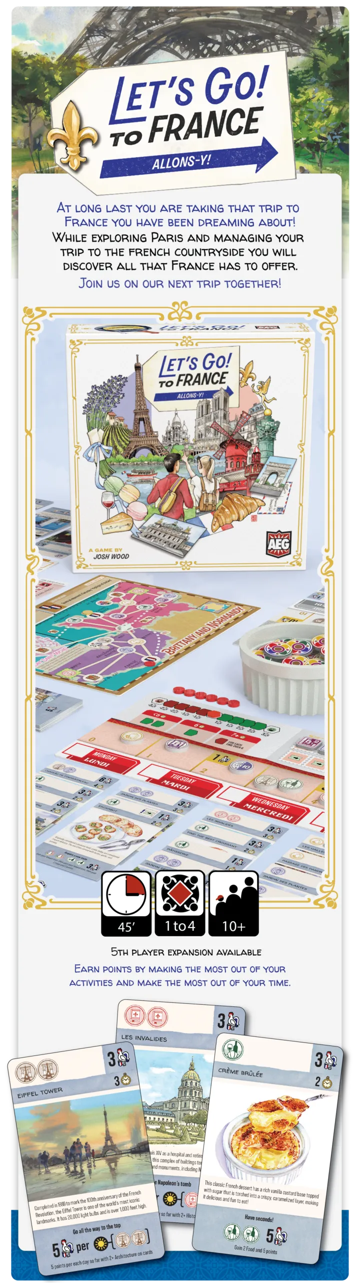 Official Let’s Go! To France campaign art from AEG used in GameGuideDog coverage of the Kickstarter campaign.