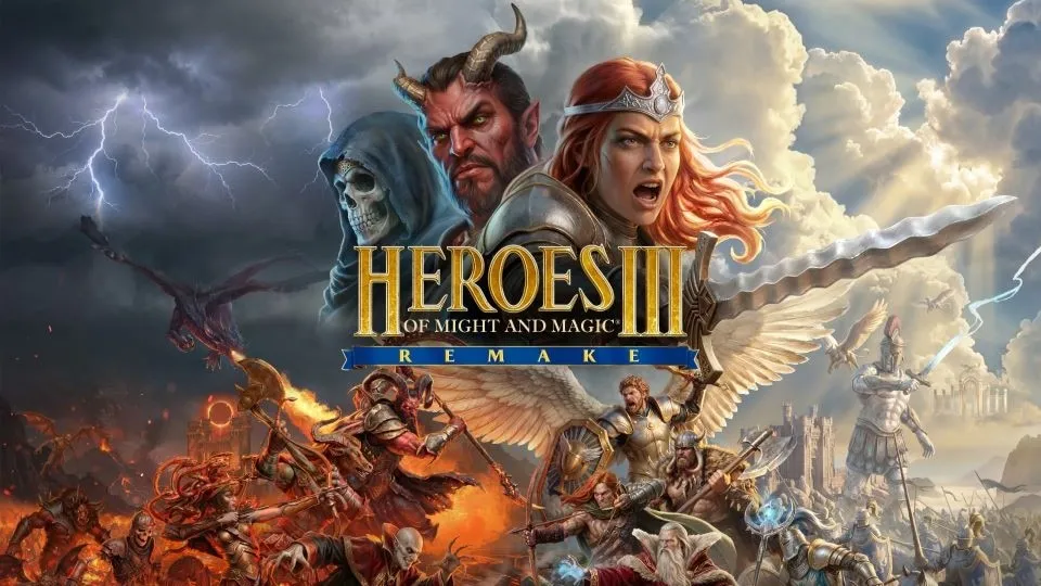 Official Ubisoft key art for Heroes of Might and Magic III Remake showing fantasy heroes and armies around Erathia.