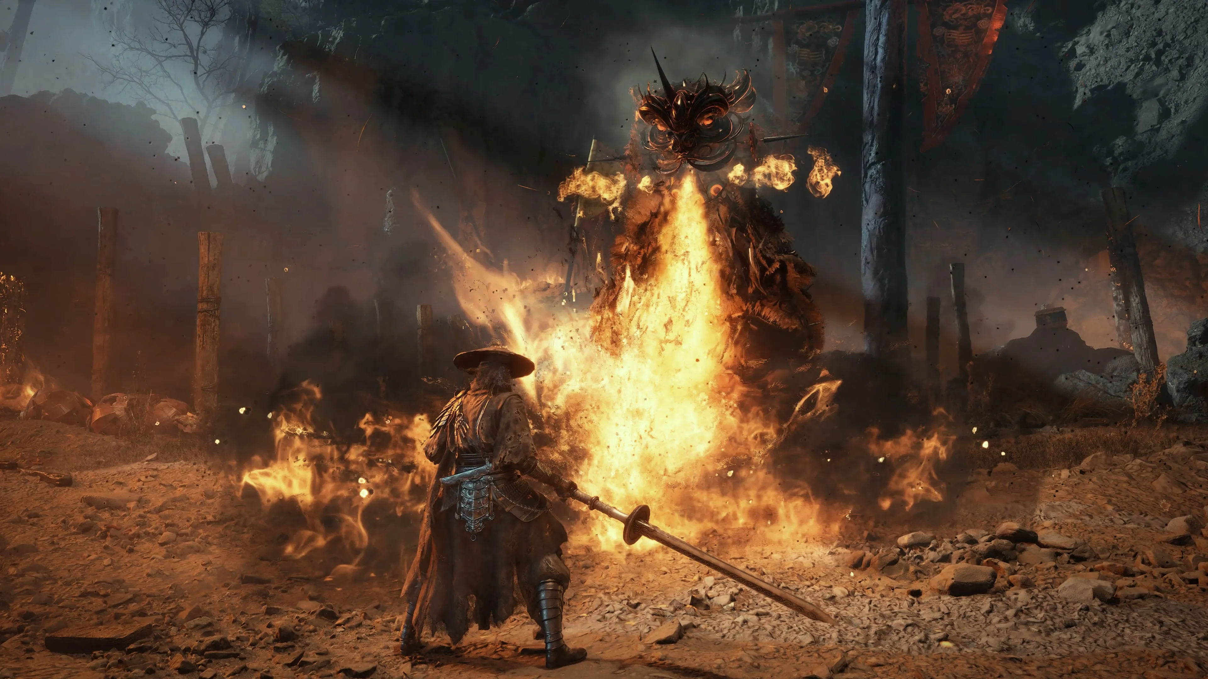 Official Phantom Blade Zero image showing Soul facing a towering fire-lit enemy in a scorched battlefield.