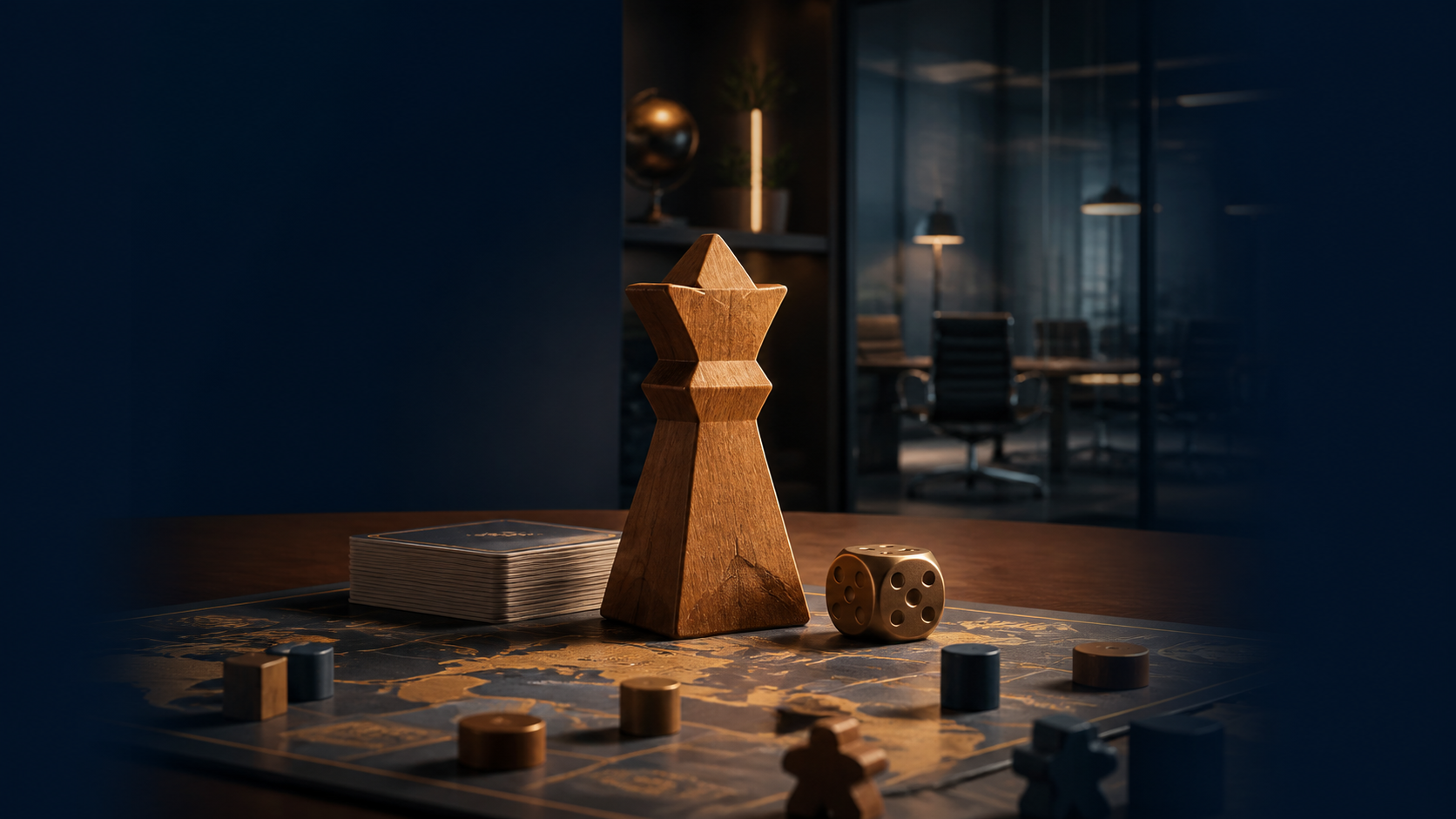 Original GameGuideDog editorial illustration of a wooden tabletop-game piece in a boardroom, representing a publishing leadership transition.