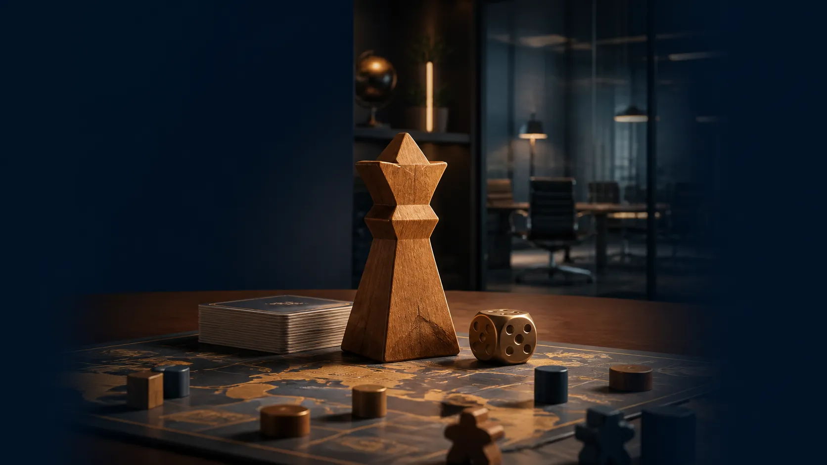 Original GameGuideDog editorial illustration of a wooden tabletop-game piece in a boardroom, representing a publishing leadership transition.