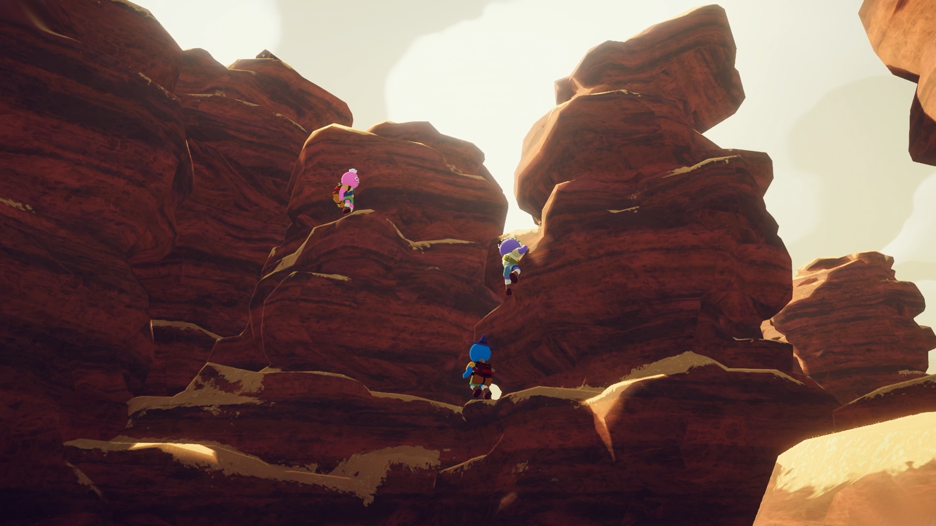 Three colorful scouts climb orange rock ledges at different heights in PEAK's Mesa landscape.