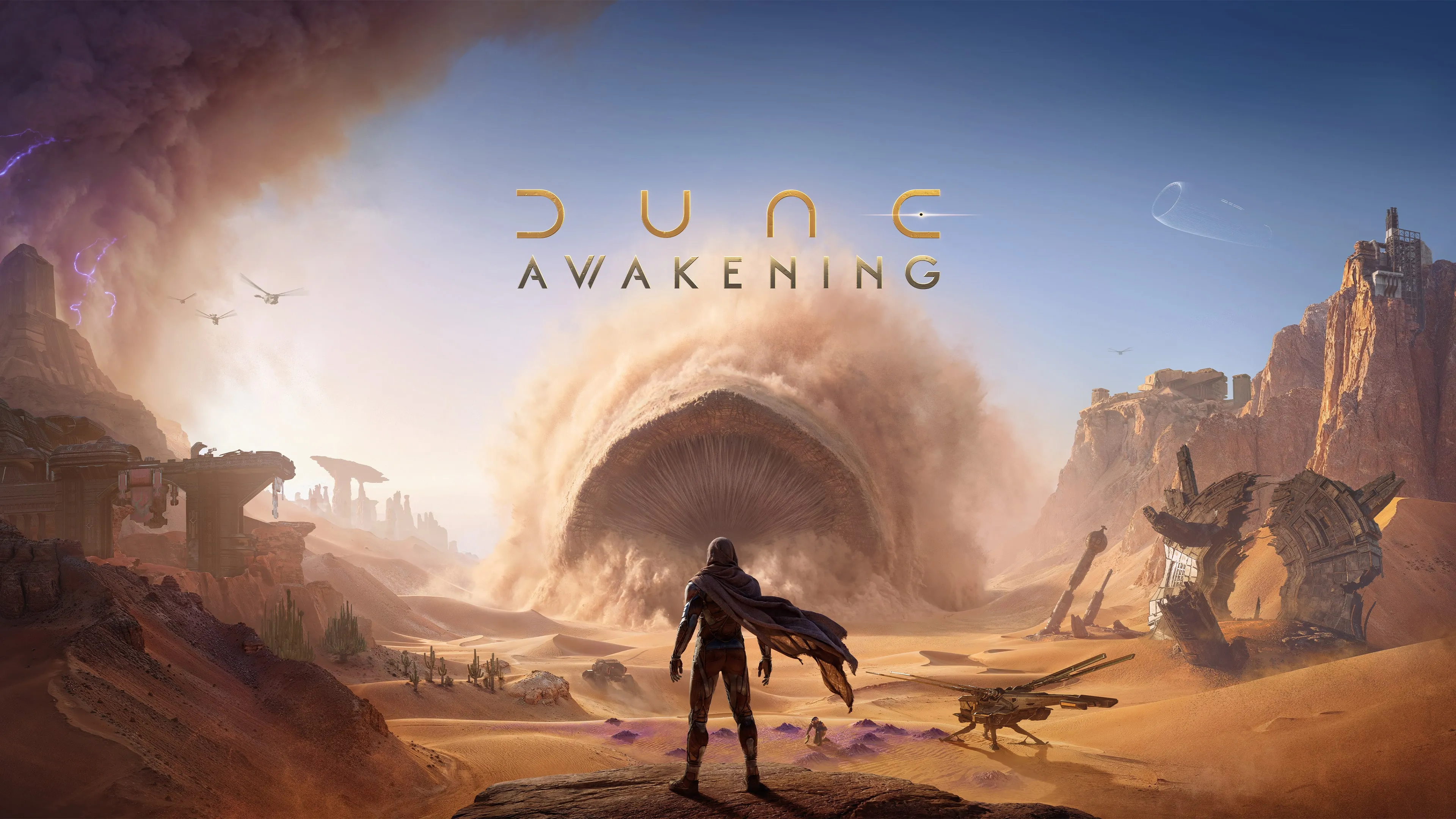 Official Dune: Awakening key art showing a figure facing a giant sandworm on Arrakis.