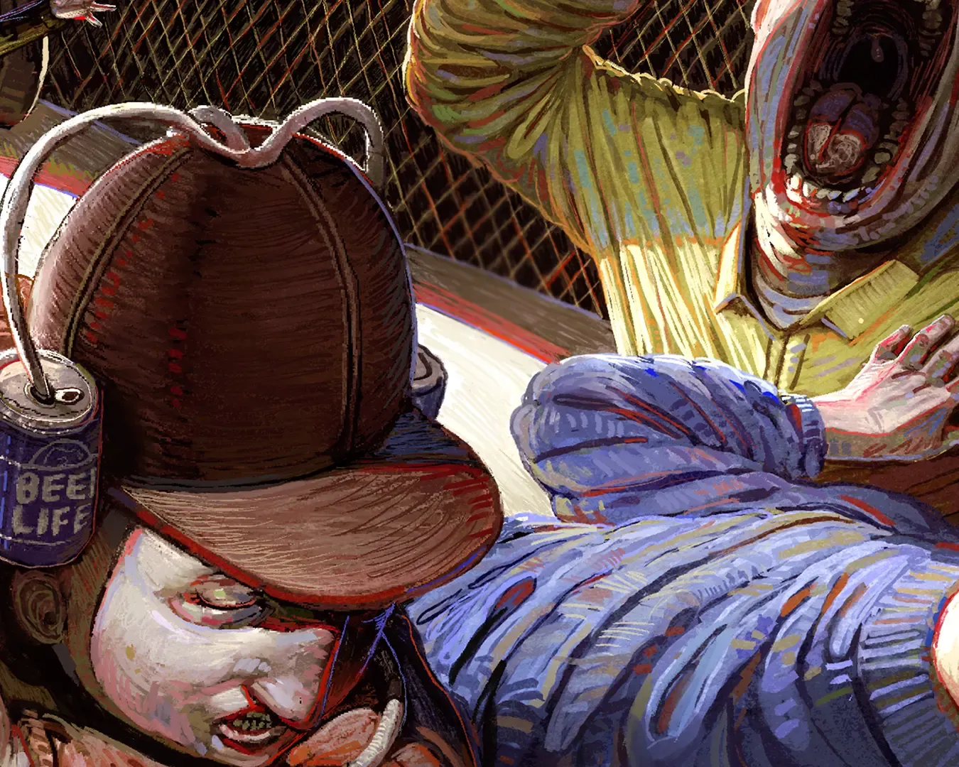 Official Machine Party key art showing the game's industrial party-horror cast against a dark red background.