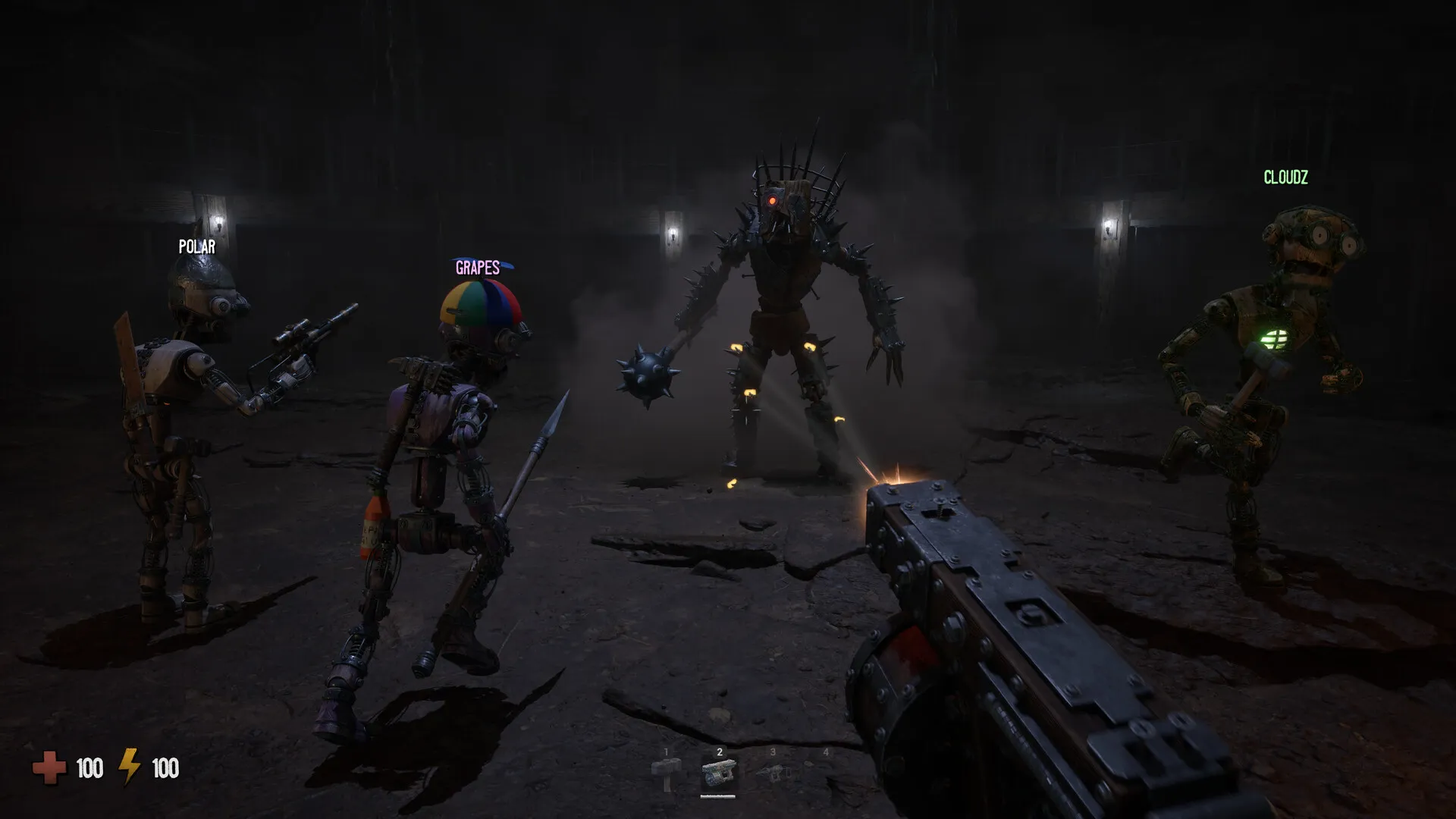 Official Grain Rot screenshot showing the game's scorched co-op extraction setting with wooden vessels and a dim industrial interior.
