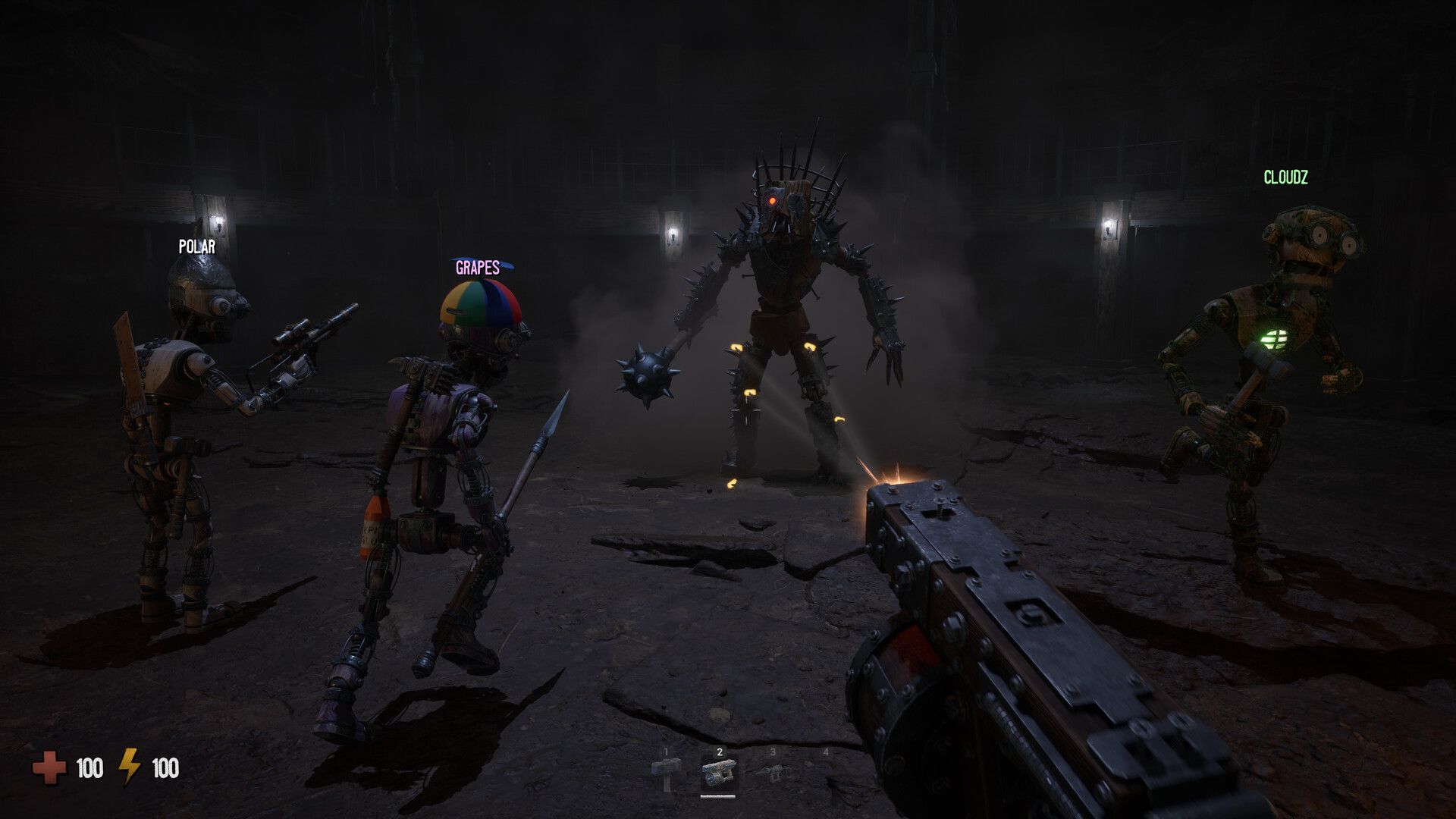 Official Grain Rot screenshot showing the game's scorched co-op extraction setting with wooden vessels and a dim industrial interior.