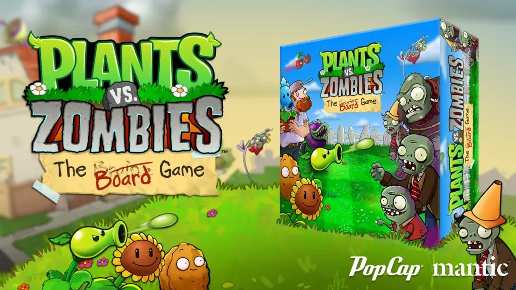 Official Plants vs. Zombies: The Board Game hero art from Mantic showing plants and zombies around the tabletop adaptation reveal.