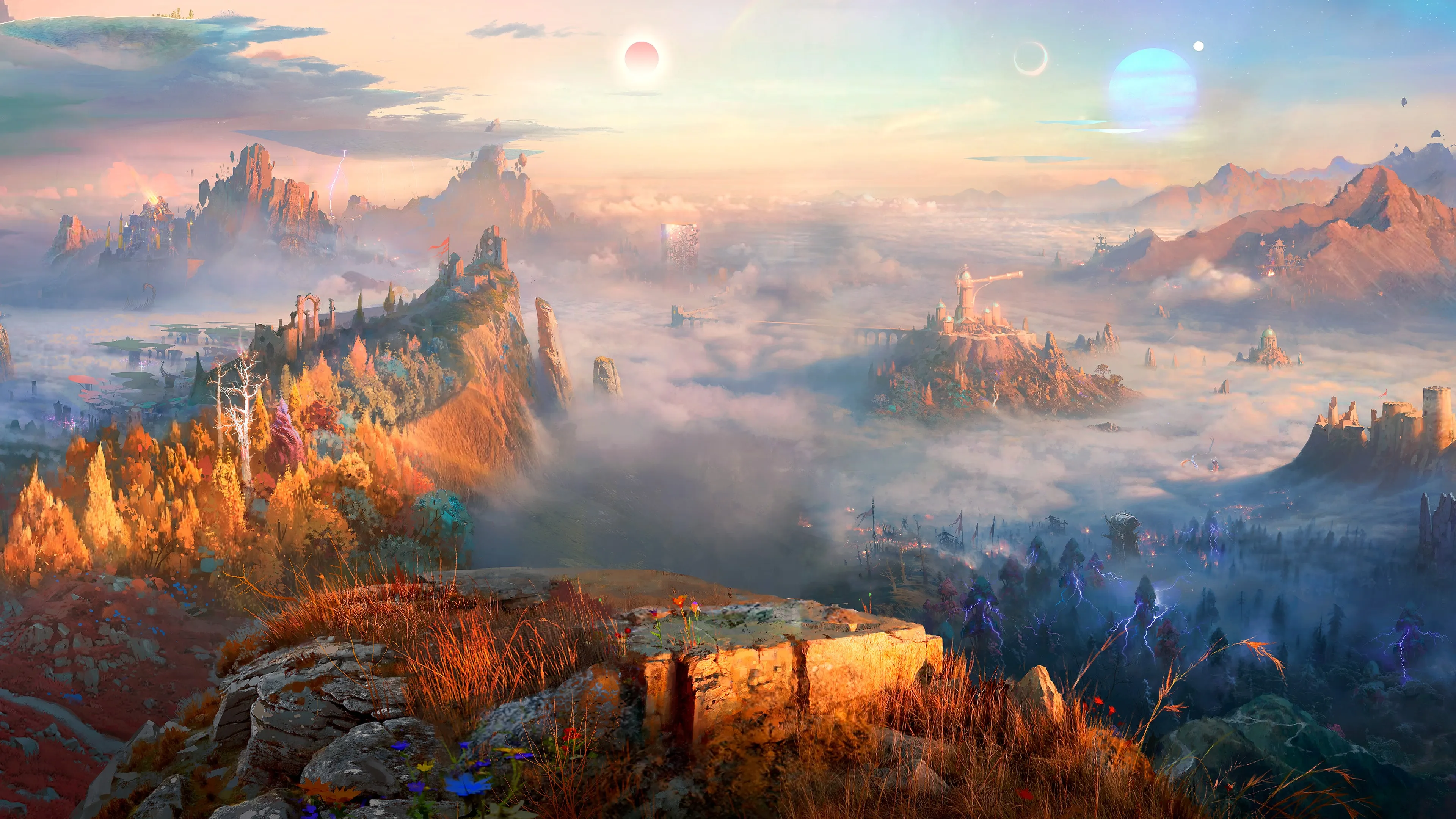 Official God of War: Laufey environment art showing the misty Everywhen landscape under multiple glowing celestial bodies.