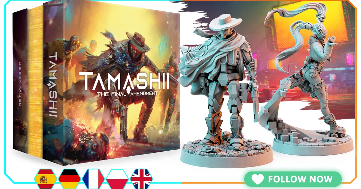 Official Tamashii: The Final Amendment campaign art from Awaken Realms used for GameGuideDog coverage of the Gamefound campaign.