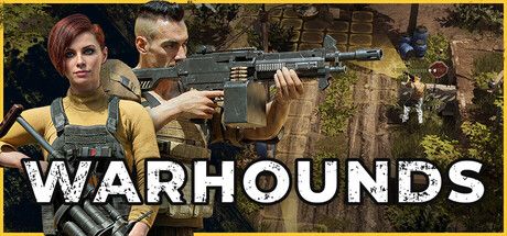 Official Warhounds Steam header art showing an armed squad against a dusty battlefield backdrop.