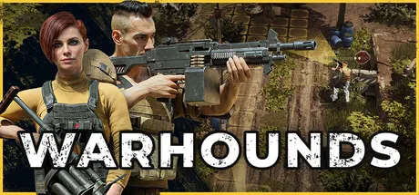 Official Warhounds Steam header art showing an armed squad against a dusty battlefield backdrop.