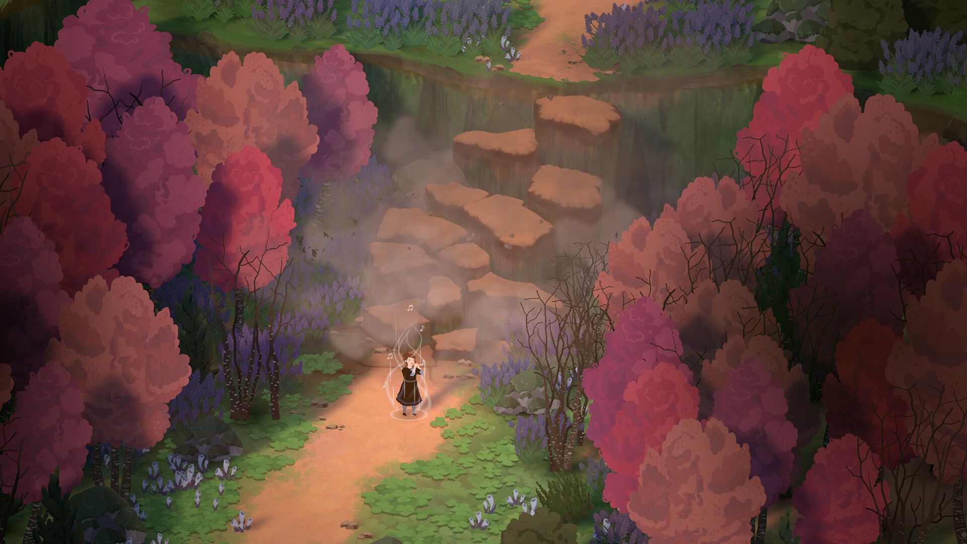 A character plays music beside raised earth and autumn trees in Songs of Glimmerwick.