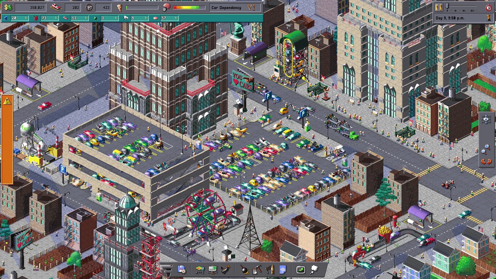 Colorful cars fill urban parking lots beneath tall brick buildings and a pro-car billboard.