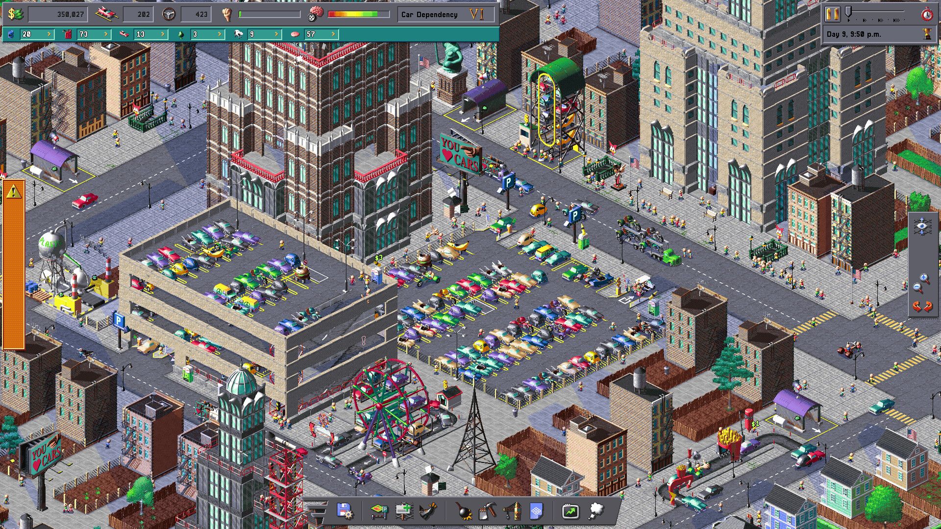 Colorful cars fill urban parking lots beneath tall brick buildings and a pro-car billboard.