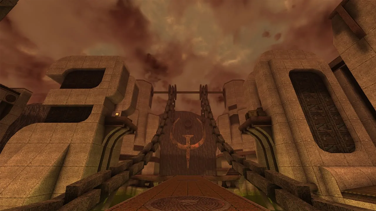 Official Dawn of the Machine environment art showing a castle-like Quake level vista.