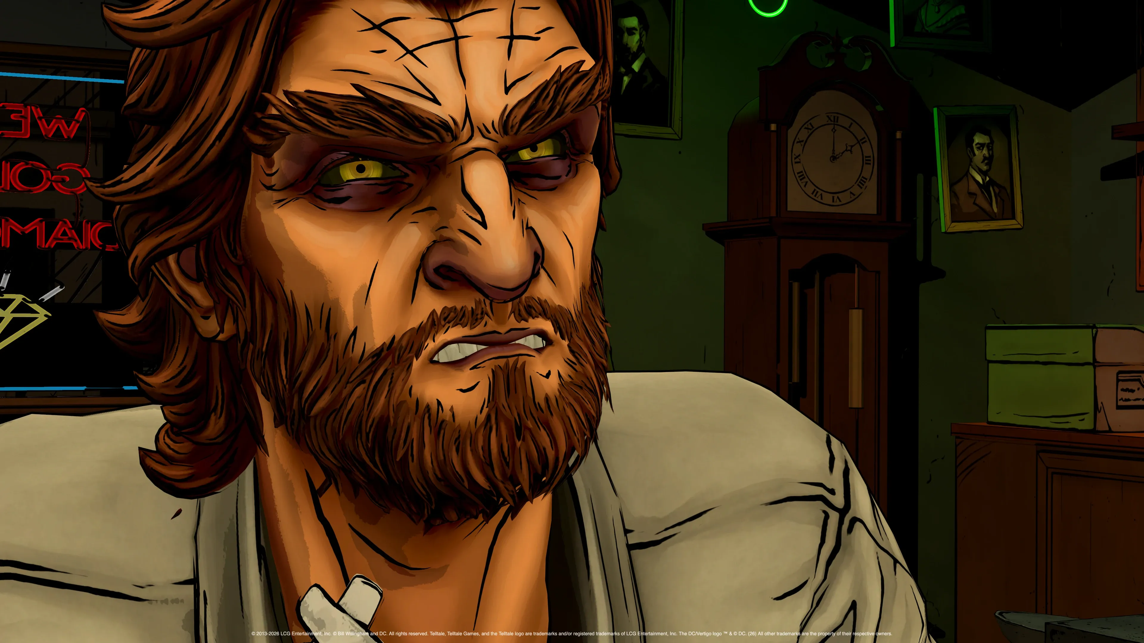 Bigby Wolf in a green-lit bar in an official The Wolf Among Us Remastered screenshot.