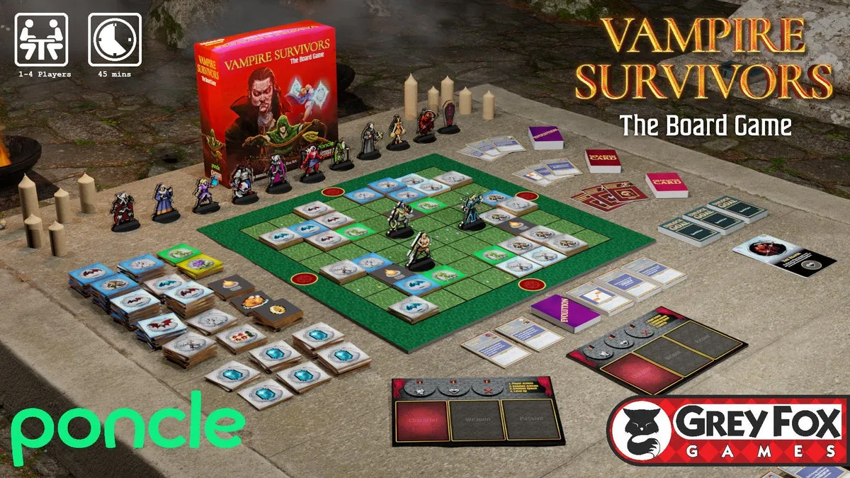 Official Vampire Survivors: The Board Game art from Grey Fox Games used in GameGuideDog coverage of the late-pledge window.