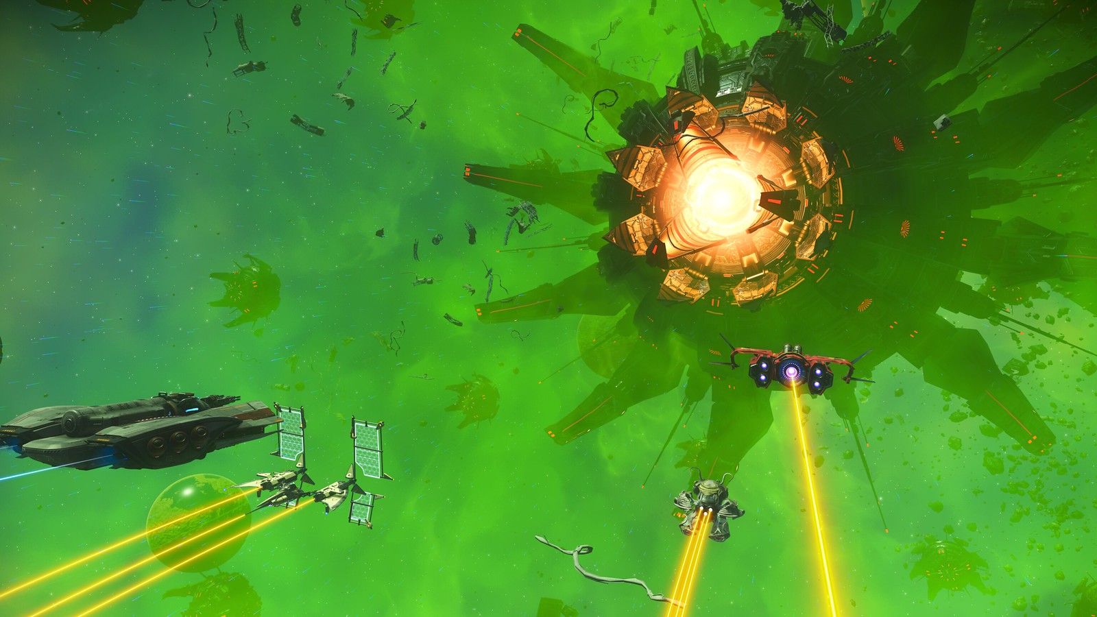 Official No Man's Sky The Swarm key art showing the Hive of Glass threat over a planet.