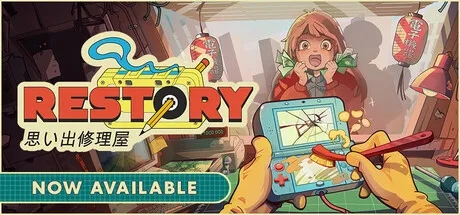 Official ReStory Steam header art showing the game's electronics-repair shop fantasy and Y2K Tokyo framing.