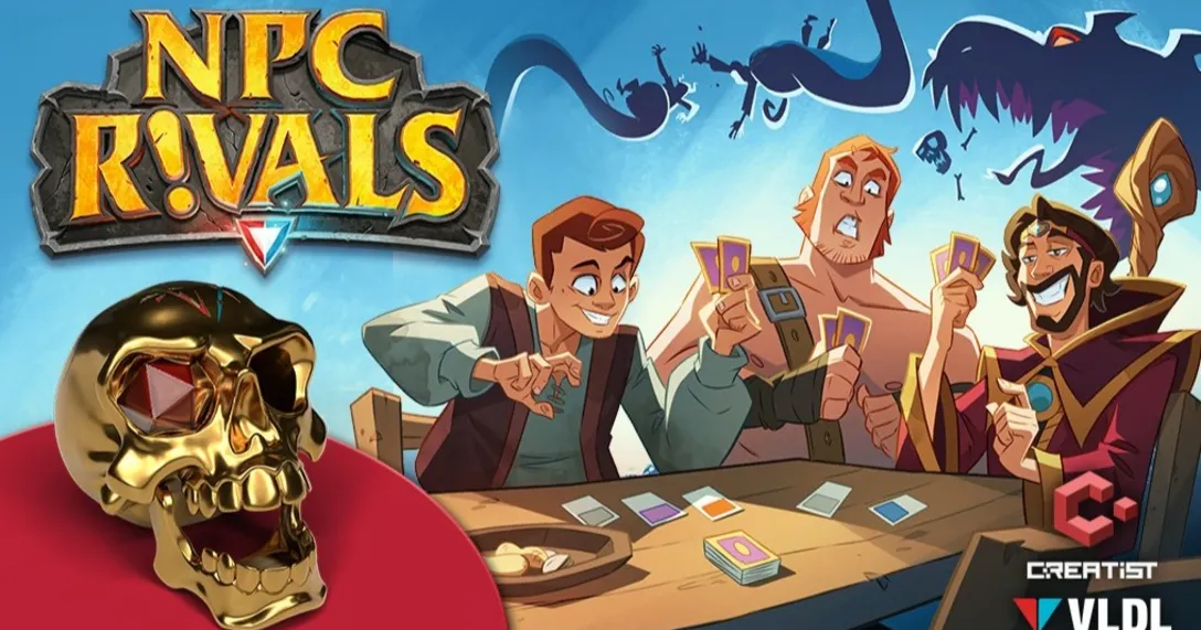 Official NPC Rivals Gamefound campaign art showing Viva La Dirt League characters around the tabletop card game.