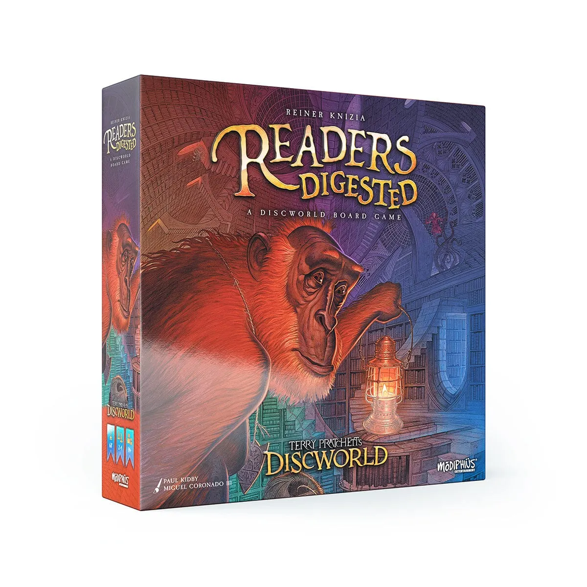 Oficjalna grafika produktu Discworld: Readers Digested Deluxe od Modiphius, pokazująca pudełko i bibliotekę Świata Dysku.