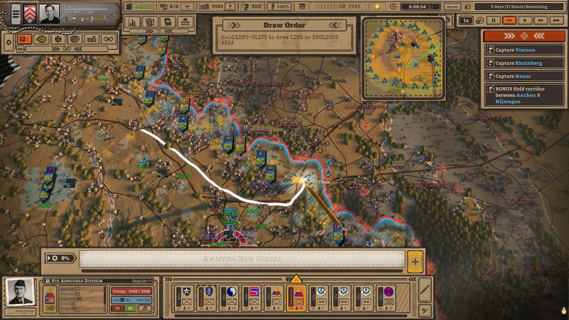 A white order line crosses a terrain map beside unit counters, a colored frontline and the Draw Order panel.